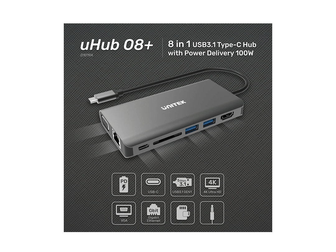 Buy Unitek uHUB O8+ 8-in-1 USB-C Dual Display Hub with PD in Qatar Buy Unitek uHUB O8+ 8-in-1 USB-C Dual Display Hub with PD in Qatar
